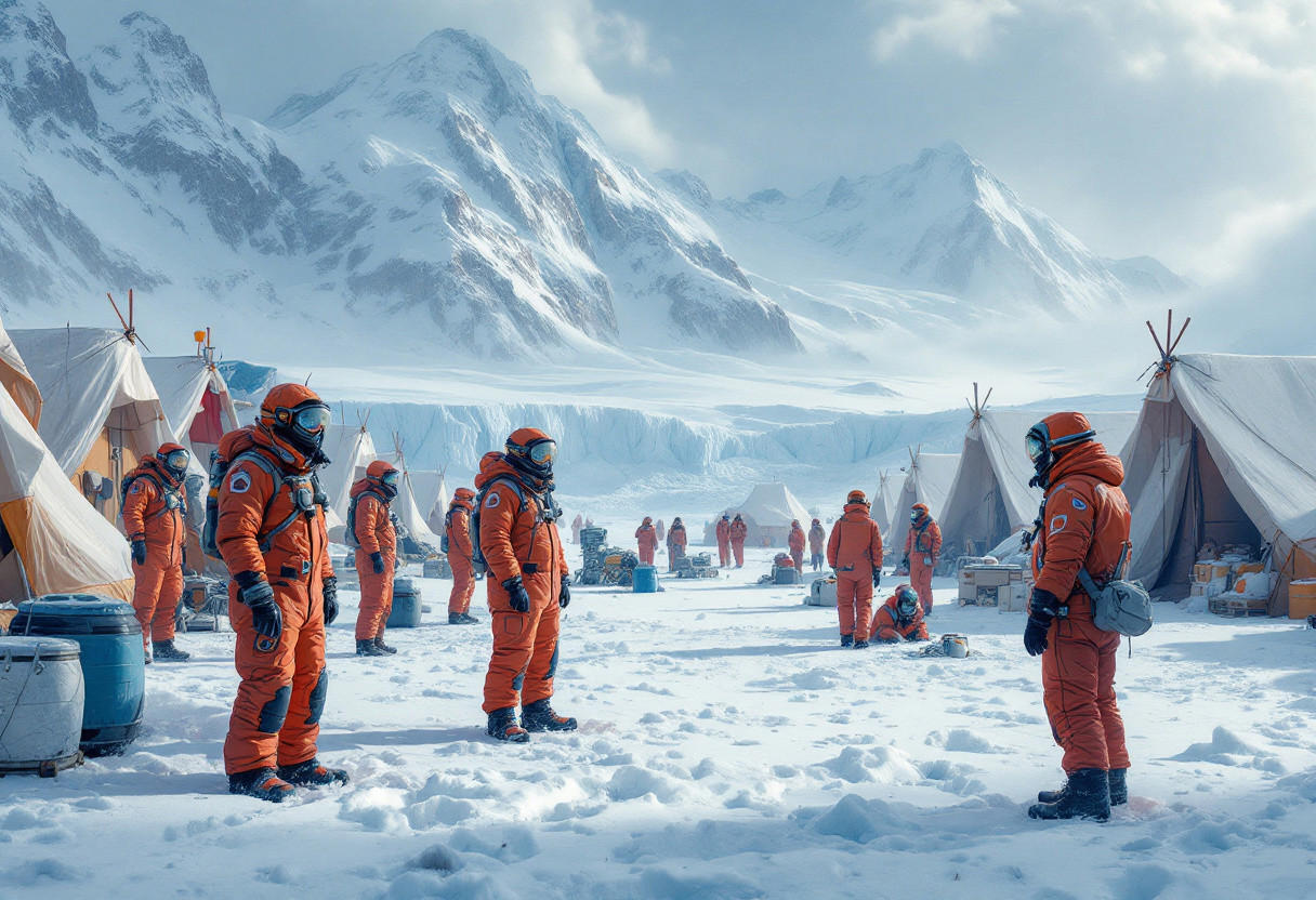 Scientists in insulated parkas and goggles gathered around a research camp in Antarctica, surrounded by snow-covered tents and equipment, with the icy landscape and majestic glaciers stretching out to the horizon, rendered in a highly detailed and realistic style reminiscent of the works of Simon Stalenhag, with its blend of sci-fi and realism, and the atmospheric lighting of James Gurney, with its sense of depth and texture, and the vibrant colors of Zoltan Boros, with its sense of wonder and discovery.