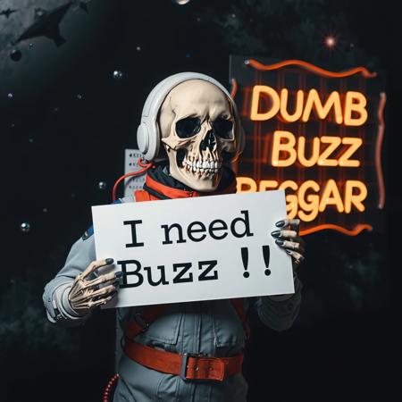 masterpiece, intricate photo, realistic outer space skull astronaut holding a white sign on which is written "I need Buzz!", background outer space, stars, galaxies, nebulae, in the background is written in neon letters "Dumb Buzz Beggar", hyper realistic, highly detailed, sharp focus, crepuscular lights in the background, dawn of technology, dark art, gothic art, cyberpunk style, best quality, high resolution, colorful, vibrant colors, studio lighting, high quality image, no wrong proportions, 8K