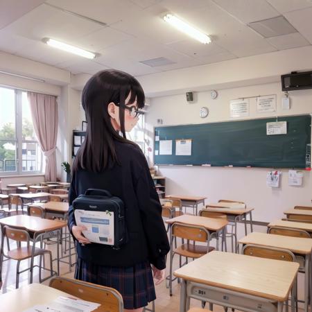 best quality, ultra-detailed, illustration,
kyoshitsu, classroom, scenery, chalkboard, window, school, indoors, clock, sunlight, school desk, bulletin board, shade, curtains, school chair, ceiling light, shadow, artist name, book, ceiling, day, paper, from behind
,1girl, glasses, black hair, long hair, black eyes, school uniform, blush, looking at viewer, standing,
 <lora:kyoshitsu_SD15_V3:0.8>