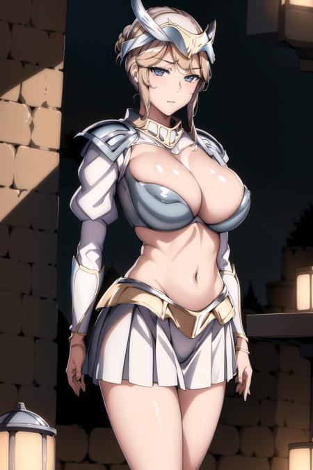 地点：(Night:1.7), in the Castle,medieval ,
动作：Standing at attention,
服饰：(helmet:1.3),(armor),(breastplate),(skirt_armor),(silver_BRA),a helmet on her head,armored_boots,
角色：<lora:Claudia-V2:0.7>,<lora:claudiaLevantine_10:0.3>,<lora:aiueOkaStyle_v10:0.1>, <lora:saiminSeishidou:0.1>,<lora:olgaDiscordiaLORA_v6:0.1>,Queen,<lora:odaNonStyleLORA_v2:0.2>, oda Non,<lora:Claudia-V1:0.3>,
头发：(Blue_eyes),(blonde_short_hair), (hair_Bun),(Bangs),
角色鎖定：
1 girl,Solo, Manga,20yo,mature female,Beautiful Finger,Beautiful long legs,Beautiful body,Beautiful Nose,Beautiful character design, perfect eyes, perfect face,
眼神表情：
looking at viewer, (innocent_big_eyes:1.0),(expressionless:1.3),
畫質:
official art,extremely detailed CG unity 8k wallpaper, perfect lighting,Colorful, Bright_Front_face_Lighting,
(masterpiece:1.0),(best_quality:1.0), ultra high res,4K,ultra-detailed,
photography, 8K, HDR, highres, absurdres:1.2, Kodak portra 400, film grain, blurry background, bokeh:1.2, lens flare, (vibrant_color:1.2)
身材:
(Beautiful,large_Breasts:1.4), (beautiful_face:1.5),(narrow_waist),
Negative prompt: EasyNegative, lowres, bad anatomy, bad hands, text, error, missing fingers, extra digit, fewer digits, cropped, jpeg artifacts, signature, watermark, username, blurry, out of focus, censorship, Missing vagina, Blurry faces, Blank faces, bad face, Ugly, extra ear, amputee, missing hands, missing arms, missing legs, Extra fingers, 6 fingers, Extra feet, Missing nipples, ghost, futanari, Extra legs, Extra hands, panties,pants, (painting by bad-artist-anime:0.9), (painting by bad-artist:0.9), text, error, blurry, jpeg artifacts, cropped, normal quality, artist name, (worst quality, low quality:1.4),
Steps: 27, Sampler: Euler a, CFG scale: 7, Seed: 4231602635, Size: 512x768, Model hash: 3e9211917c, Model: yesmix_v16Original, Denoising strength: 0.5, Hires upscale: 2, Hires steps: 18, Hires upscaler: R-ESRGAN 4x+ Anime6B