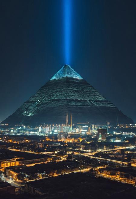 night cityscape, skyscrapers, huge docked spaceship in the horizon,Egyptian pyramids tall  as the sky, multi layered highways that circle the  city center ,  illuminated buildings, neon lights, urban skyline, futuristic, cyberpunk aesthetic, sunrise, atmospheric haze, street lamps, architectural lighting, high-rise towers, city glow, modern metropolis, dynamic composition, wide shot
BREAK
 ()Hyoer Realistic:2.0)Polaroid picture (Cyberpunk future theme:1.37) the Mill Mountain Star, is the world's largest freestanding illuminated man-made star. It was constructed at the top of Mill Mountain in Roanoke, Virginia
BREAK
(Hyoer Realistic:2.0)Polaroid picture of A futuristic, neon-lit table, adorned with ancient Egyptian hieroglyphics and symbols. The album cover, designed by Shusei Nagaoka, features a gleaming, metallic pyramid at its center, surrounded by swirling patterns of gold and lapis lazuli. The band's name, Earth, Wind & Fire, is emblazoned in bold, futuristic letters, while the album title, 'Kemetic Odyssey,' is written in hieroglyphics. The table's surface glows with a soft, ethereal light, as if infused with the essence of the ancient civilization