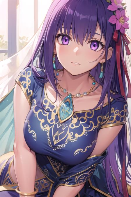 parvati, long hair, (purple eyes:1.1), purple hair, bracelet, flower, hair flower, hair ornament, indian clothes, jewelry, necklace, side slit,