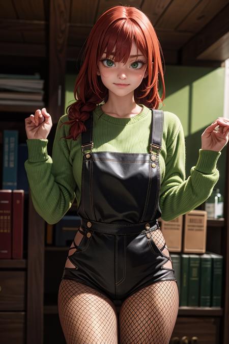 AndroidArts, girl with overalls and sweather with red braid hairs and fishnet stockings, (green overall), ((dark fishnet stockings)), ((striped sweather)), (green and black stripes), red hairs,(sick skin color), standing, front shot, asanagi \(style\),, best quality, masterpiece, realistic, hdr, detailed, intricate, (perfect embarrassed face:1.3), ({promt}:1.3)