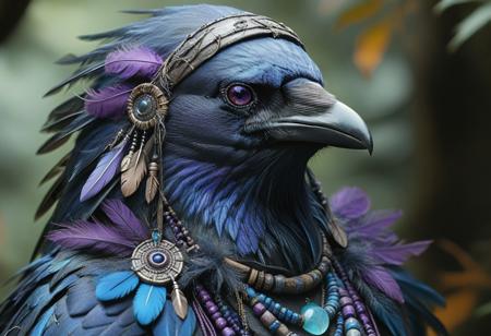 corvidfolk, mystical shaman, blue and purple feathers