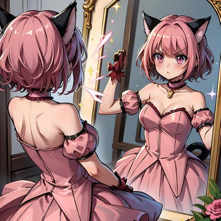 masterpiece,best quality,highly detailed,1girl,solo,serious,v-shaped eyebrows,
<lora:momomiya_ichigo_v2:0.75>,blush,bow,cat girl,cat tail,choker,cleavage,detached sleeves,dress,gloves,large breasts,magical girl,mi1,pink choker,pink dress,puffy detached sleeves,puffy sleeves,red gloves,ribbon,tail,tail bell,tail bow,tail ornament,short hair,pink hair,
BREAK
<lora:mirrorTrans:0.4>,(((looking at mirror,mirror))),reflection,dual persona,from behind,henshin,henshin pose,sparkle,glowing aura,glowing body,glowing aura,pyrokinesis,