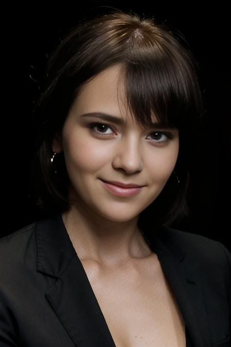 (8k, masterpiece, best quality, solo, sfw), Karin Spolnikova, portrait, short haircut, bang, (wearing a business suit), smile, looking at camera, eyelines, eyeshadows, simple dark background, <lora:Karin_Spolnikova_v5_0-10:0.75>, huge breasts:1.5