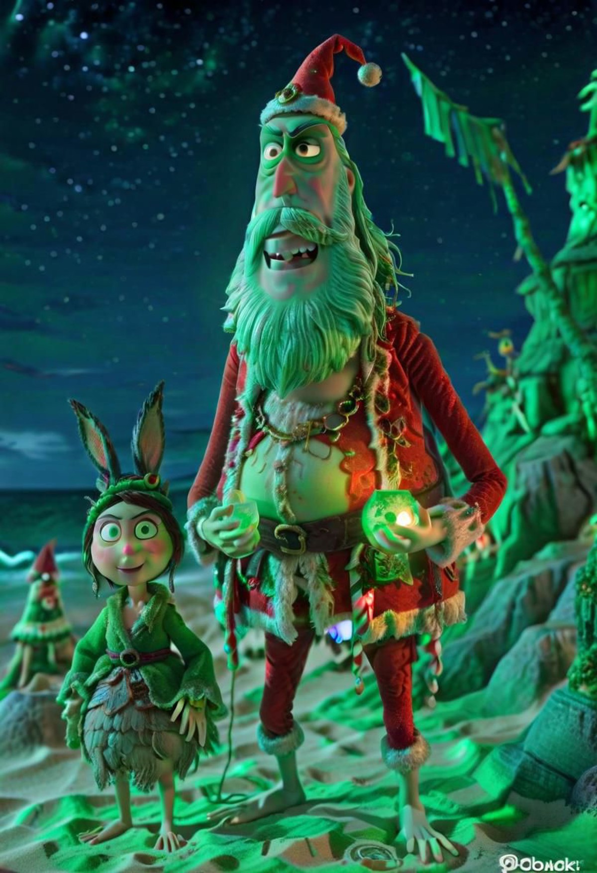 toy, green pirate captain santa on island, santa robe, crazy tall santa with glowing eyes next to tiny mastermind girl, th...