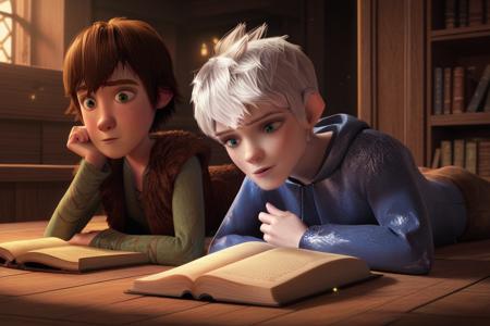 jack frost, white hair, blue eyes hiccup, brown hair, green eyes