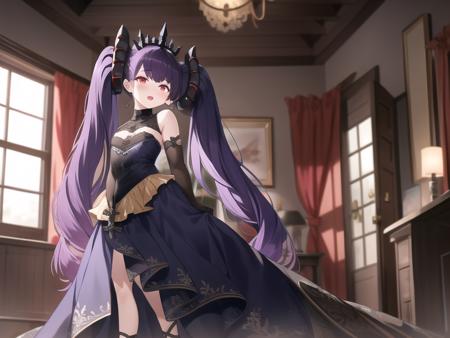 sfw,(hyper extreme detailed),(masterpeace),(best quality),(hyper extreme),CG,indoors,bedroom,1girl, standing, <lora:Felix_Schultz:1>Felix_Schultz,purple hair,twintails,tiara,red eyes, black dress,long skirt,elbow gloves,high heels, petite,