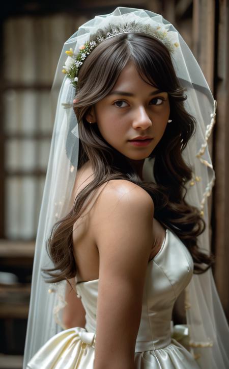 analog film photo robot, mechanical arms, ((bright neon colors)), (top-quality, 8K, masterpiece:1.3) 1girl, bangs, bare_shoulders, blurry, blurry_background, blurry_foreground, bokeh, bouquet, bridal_veil, bride, daisy, depth_of_field, earrings, eyelashes, flower, frills, leaf, lily_\(flower\), lips, long_hair, maid_headdress, mole, mole_under_eye, motion_blur, nose, sleeveless, solo, veil, wedding_dress, white_flower, white_rose,, in an old workshop taken with a macro lens highly detailed, detailed skin, warm ambient lighting <lora:Niji:1> mecha . faded film, desaturated, 35mm photo, grainy, vignette, vintage, Kodachrome, Lomography, stained, highly detailed, found footage