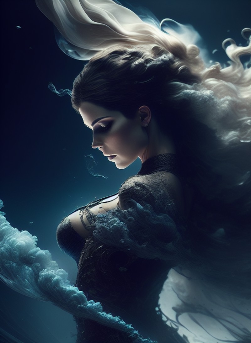 a woman, ultra detailed artistic abstract photography of a smoke spiral in a dark waters, lace satin silky flowing smoke l...