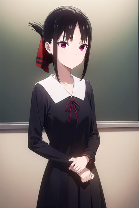 kaguyashinomiya, <lora:kaguya shinomiya s3-lora-nochekaiser:1>,
kaguya shinomiya, short hair, bangs, black hair, (red eyes:1.3), hair ribbon, sidelocks, folded ponytail, (parted bangs:1.5),
BREAK long sleeves, dress, ribbon, school uniform, collarbone, black dress, sailor collar, white sailor collar, red ribbon, neck ribbon, shuuchiin academy school uniform,
BREAK indoors, classroom,
BREAK looking at viewer, (cowboy shot:1.5),
BREAK <lyco:GoodHands-beta2:1>, (masterpiece:1.2), best quality, high resolution, unity 8k wallpaper, (illustration:0.8), (beautiful detailed eyes:1.6), extremely detailed face, perfect lighting, extremely detailed CG, (perfect hands, perfect anatomy),