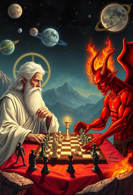 god and the devil are playing chess, they are sitting at a table in a mountain top with celestial bodies, or a cosmic backdrop, god is despicted as a wise old man in white robes and a long beard, the devil is red with horns , the chess pieces are little humans, they both look very concentrated and looking at chessboard, divine light surrounding God, hellfire glow around the Devil
