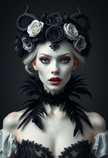 Medium shot, Symmetrical front view of a dark princess, albino, pale sking, pale lips, vampire fangs, black roses abd horns headpiece, black feathers collar, standing pose, in the style of infernal fasion, otherworldly beauty, infernalpunk, queencore, ornamented age aesthetics, coal and black, photography studio style