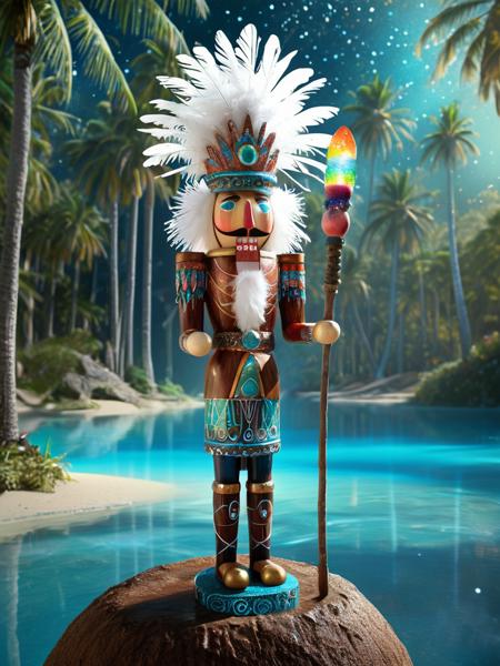 A mystical, shamanic nutcracker with a feathered headdress and a staff adorned with glowing, otherworldly runes stands at the edge of a mystical, dreamlike oasis, as he cracks open a glowing, crystal-encrusted coconut that releases a swirling vortex of colors and energies, amidst a backdrop of towering palm trees and shimmering, iridescent waters