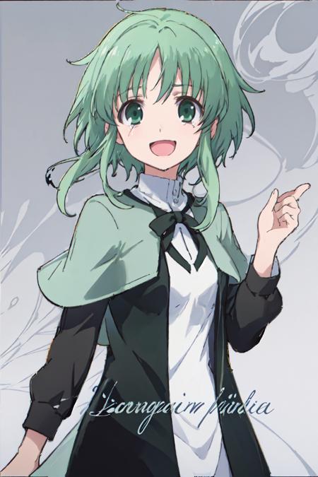 masterpiece,best quality,1girl, solo, looking at viewer, short hair, bangs, long sleeves, dress,<lora:Tiatto-000034:0.6>, green eyes, upper body, sidelocks, green hair,capelet, crying, short hair with long locks,smile,:d, outline,full body, simple background