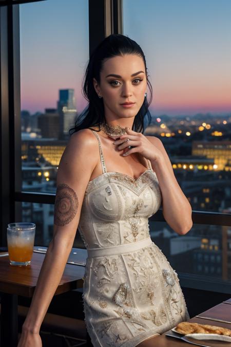 real, photoshoot, realistic, masterpiece, best quality, (detailed beautiful face, detail skin texture, ultra-detailed body:1.1),
<lora:katyperry_smf_lora_02-000001:0.9>, kperry-smf looking beautiful wearing a casual outfit on a restaurant waiting for some dinner at night, drinks on table, people around, window, city background, moon, makeup