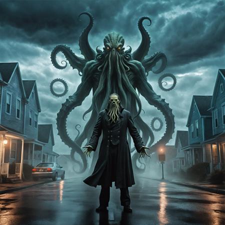 a man standing in the middle of a street under a cloudy sky, cthulhu rising from the ocean, ruler of the demons, ominous night mist, davy jones with tentacles, dark neighborhood, the most epic, banshee,