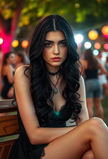 A gothic girl with black wavy hair and almond-shaped eyes sits on a park bench, exuding a detached allure, surrounded by a vibrant summer scene, with a blurred swinger party in the background, illuminated by bright flash photography.
