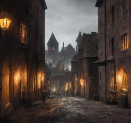 (masterpiece:1.2), (best quality,:1.2), 8k, HDR, ultra detailed, ((photorealistic)), professional light, cinematic lighting, fashion photography, ambient lighting, background, a dark medieval street leading to a gothic castle on a hill,  Darkness, <lora:Darkness-10:1>,  epiCPhoto,