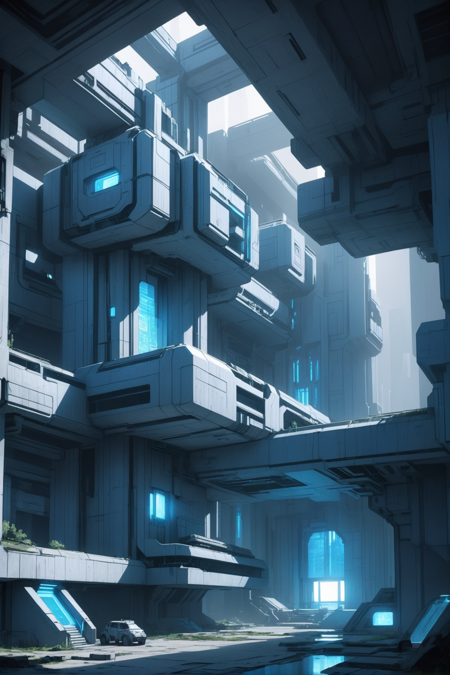 technobrutalist, scifi, underground living area in a great,empty radiant  blue scifi topia outside of reality, masterpiece<lora:EnvyTechnobrutalistXL01:0.5>