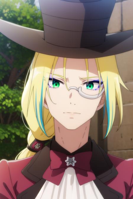 fruitofevolutionvitor, <lora:fruitofevolution vitor s2-lora-nochekaiser:1>,
vitor, long hair, blonde hair, (green eyes:1.3), ponytail, male focus, multicolored hair, glasses, makeup,
BREAK hat, pants, ascot, top hat, monocle,
BREAK outdoors, nature, forest, grass, 
BREAK looking at viewer,
BREAK <lyco:GoodHands-beta2:1>, (masterpiece:1.2), best quality, high resolution, unity 8k wallpaper, (illustration:0.8), (beautiful detailed eyes:1.6), extremely detailed face, perfect lighting, extremely detailed CG, (perfect hands, perfect anatomy),