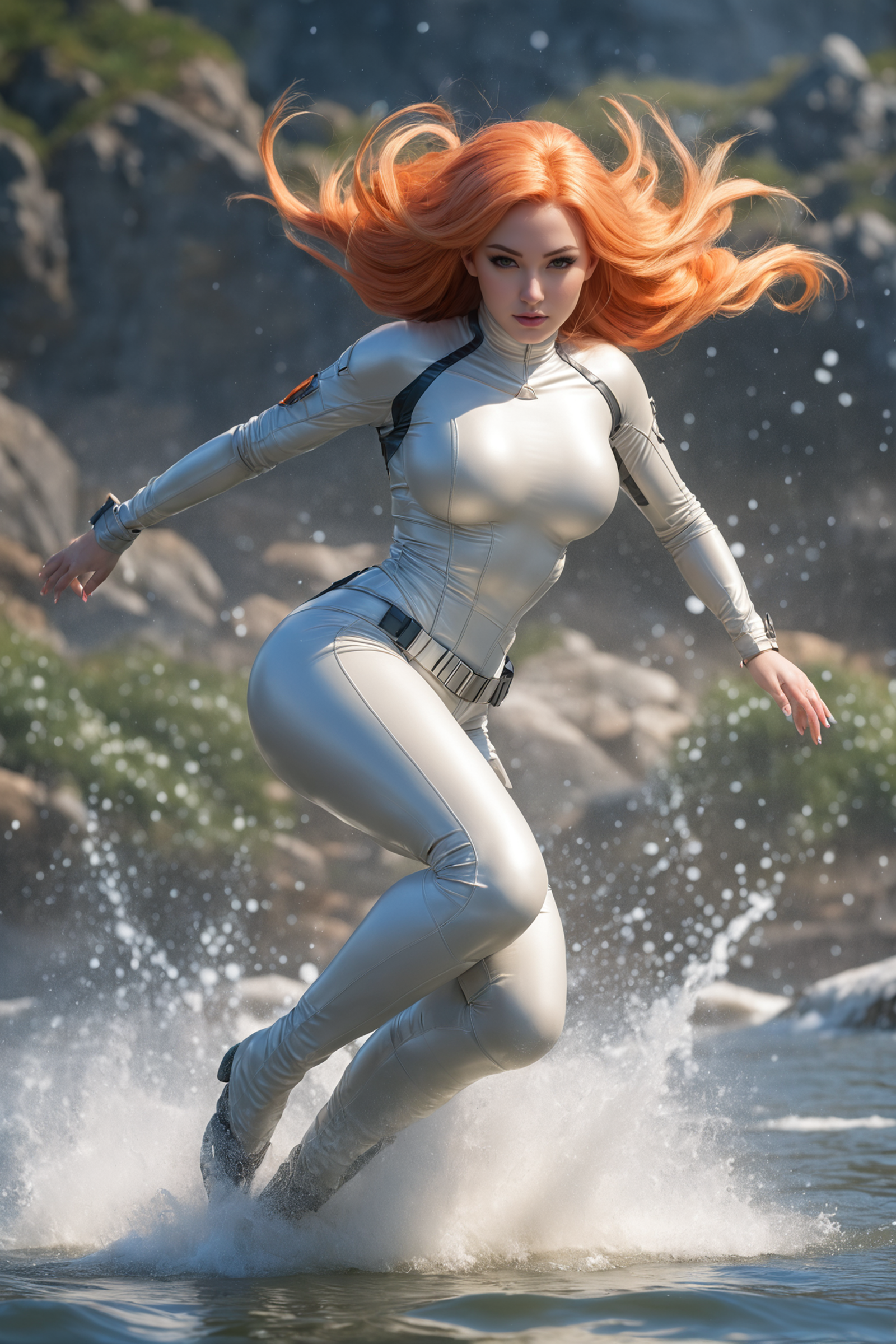 Woman in a silver suit with a cape running in the water.