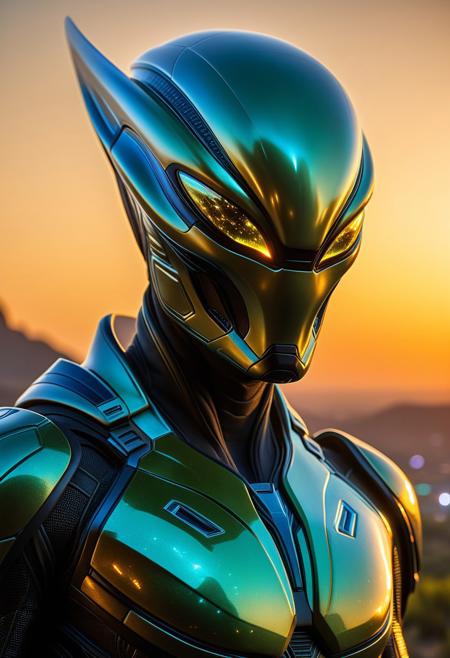 32k photo-realistic, high definition, hyper-realistic full-frame photo of a Non-Human Special Forces Super Model in a Sci-fi genre, depicting a Medium close-up shot of a hyper-realistic brave alien superhero, intricate head Alien futuristic design, wearing iridescent armor that shimmers under a twin sunset. The superhero's expression is fierce, showcasing sharp features and glowing markings on their skin. The background features a sprawling alien city with towering crystalline structures and vibrant flora. The lighting is a blend of warm golden hour and bioluminescent glows from the surroundings, emphasizing the details of the hero's costume and the rich textures of the alien environment.
