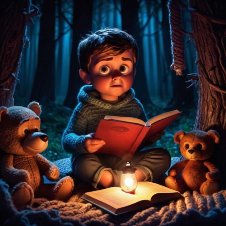 Stunning Burton-styled matte illustration in caricature style with overdetalized textures, Little boy with a scared teddy bear sitting with a flashlight under a knitted blanket and reading a book of stashers, night, Scary stuffed toys on the background, the scene takes place at the fabulous forest, concept art 16K, Pixar, Disney