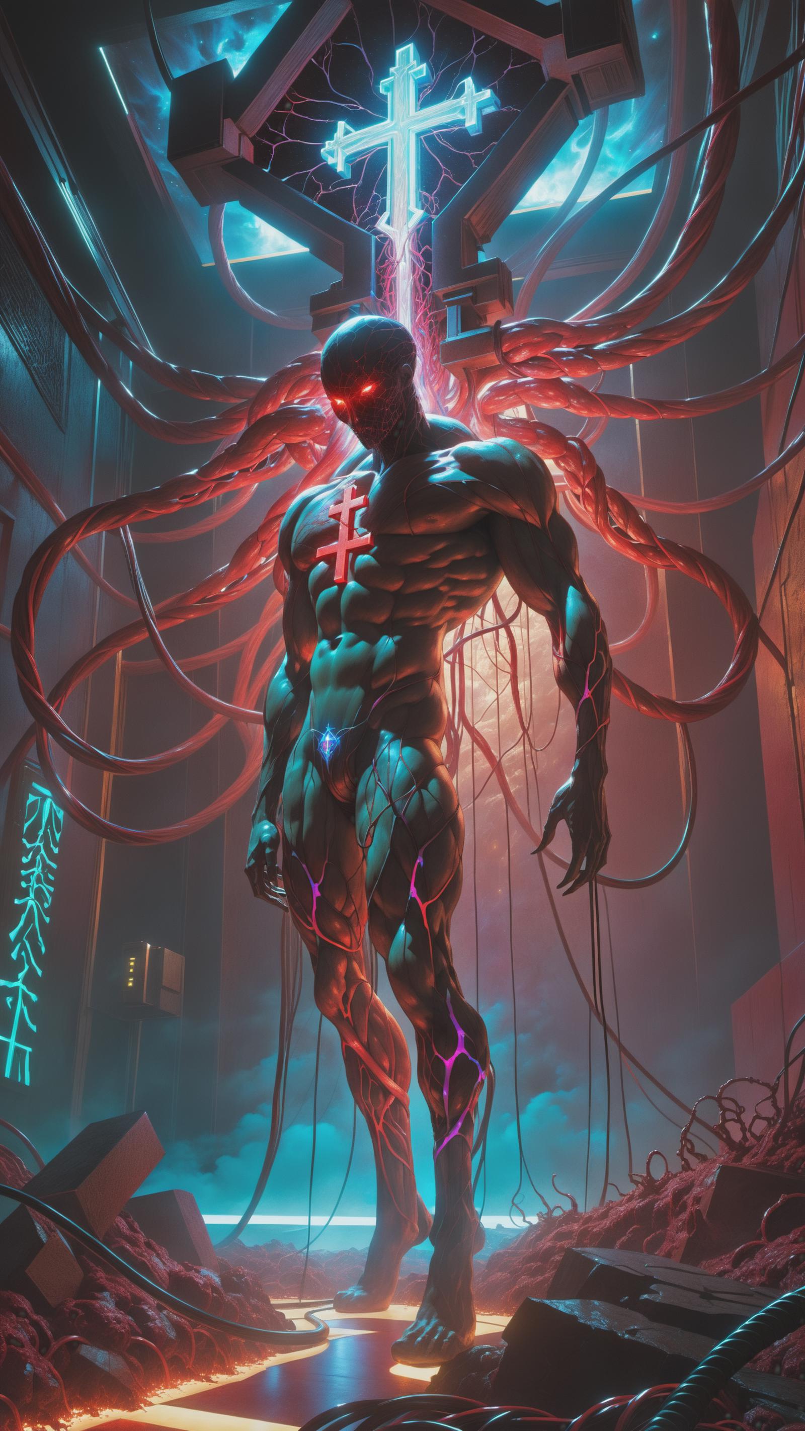 The image features a muscular, shirtless man with a red cross on his chest, standing in a dark room. He is surrounded by numerous cords and wires, giving the impression of being connected to a machine or a complex system. The man appears to be the main focus of the scene, with his muscular build and the prominent red cross on his chest.