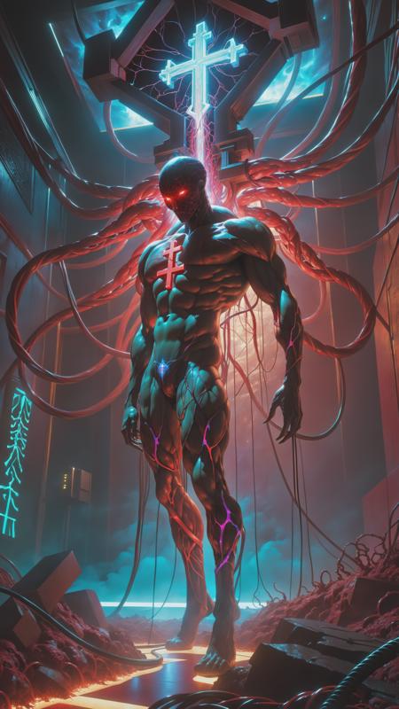 a cybermutant fleshmutant made of pulsating flesh and biomechanical limbs, fusion of flesh and machine, quivering tumors, fleshy growths, mutagenic, cybernetic hoses, wires, anime style, 2d, fighting game style masterpiece, best quality, ultra realistic, 32k, RAW photo, detail skin, 8k uhd, dslr, high quality, film grain,\nShort and messy hair, dynamic, vibrant, action-packed, detailed character design, reminiscent of fighting video games, black bloody veins growing and intertwining out of the darkness, oozing thick neon rainbow blood, veins growing and pumping blood, vascular networks growing, connecting, expanding, red veins everywhere, zdzislaw beksinski, (vibrant colors:1.1), (Infrared:1.2), Rust, Hypercube, ultra detailed, intricate, oil on canvas, ((dry brush, ultra sharp)), (surrealism:1.1), (disturbing:1.1), beksinski style painting, sparks, lens flare, rim lighting, backlighting, RTX, Post Processing, satanic cross, man body, muscular, venom costume, (japanese portal), death shadow nightmare ethereal beast, floating into the abyssal heights, nebula, cinematic, dreaming, Film light, bathing in light, very sharp focus, Hyper detailed, Hyper realistic, masterpiece, spiritual, surreal, atmospheric, maroon cream bronze, High resolution, Vibrant, High contrast, dark angle, 8k, HDR, 500px, dystopian