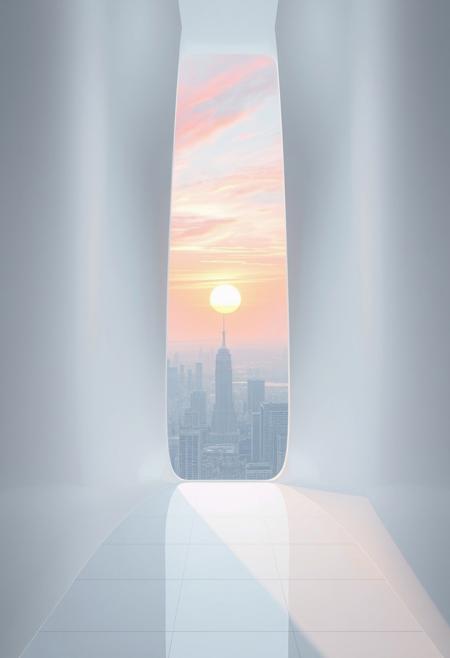 A fleeting sunrise seen through a narrow, frosted slit in the glossy, stark-white composite wall of an ultra-futuristic, dystopian megatower. For a single second, the sun’s radiant, pearlescent-orange rays stream in, casting an otherworldly glow across the pristine, all-white interior filled with pulsating quantum displays, sleek levitating panels, and softly whirring tech nodes. Beyond the slit, a sprawling, hyper-advanced cityscape stretches out with towering, elegantly curved skyscrapers—their smooth, flowing designs resembling liquid glass—and glowing energy grids, all silhouetted against a sky streaked with iridescent pink and lavender hues. The brief sunlight reflects off the polished white surfaces inside, amplifying the contrast between the sterile, high-tech environment and the ephemeral beauty of the sunrise, before shadows return.