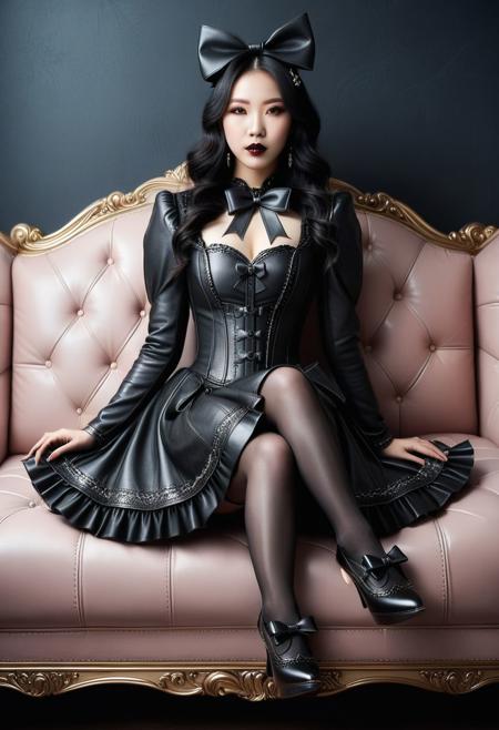 dvr-lthr, (leather:1.2), masterpiece, best quality, professional detailed photo of (beautiful Korean woman) wearing (leather intricate gothic lolitadress, multilayered dress, leather lolitafashion, leather lolitashoes:1.3), (extremely wrinkled glossy leather fabric:1.3), (perfect face, beautiful face, symmetric face), (lipstick, blush, makeup:1.2), (frills and lace:1.1), (leather fabric:1.1), (sitting on leather sofa, leather pillows:1.2), (cute lolitashoes, lolitashoes with bows, shoes focus:1.3),
realistic photograph, raw photo, hd, 8k, masterpiece, best quality, 90-60-90