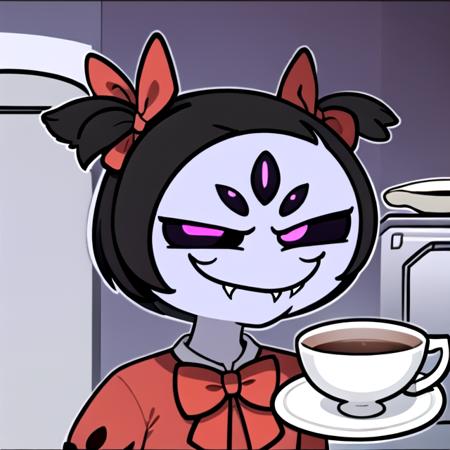 flurk <lora:flurks-step00022500:0.5>, neutral, 1girl, muffet , muffetwear, black sclera, monster girl, purple body, pigtails, 5 eyes, hair bows, black sclera, cartoon style, holding cup,  masterpiece,  best quality, <lora:muffetv3:0.8>