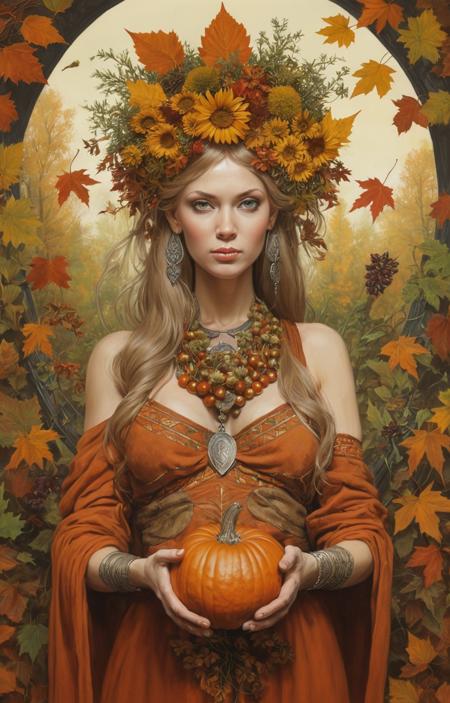 style of Ed Binkley slavic goddess, autumn, herbs