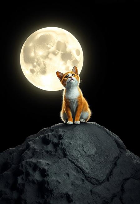 Nighttime lunar landscape featuring a whimsical, adorable cat sitting atop a craterside, illuminated by the radiant glow of the full moon hanging low in the dark sky. The cat's fur shines like stardust as it gazes up at the celestial body, its tiny paws and ears visible despite the vastness of the moonlit terrain.