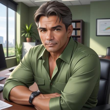 Portrait of \( Hector Mendoza \) sitting at his desktop: solo, 1boy, male focus, middle-aged, age:47, 5'9", 165 lbs, tanned skin, graying hair, wrinkels, brwon eyes, thick eyebrows, clean-shaven, shaven, shaved, smooth face, unbuttoned green shirt, green satin jacket, focused expression, indoors, executive office, (close-up:1.4), realistic, masterpiece, correct anatomy, sharp focus, field of view