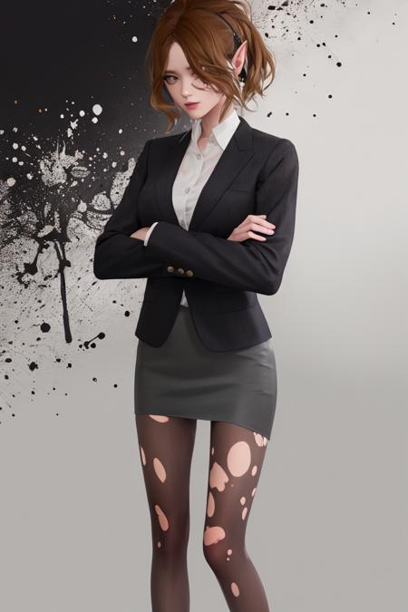 best quality, ultra high res,prefect anatomy,prefect skin,fantasy art,
extremely intricate, 8k uhd,
slim body, 1girl, solo, torn clothes, crossed arms, skirt, brown hair, pantyhose, torn pantyhose, black pencil skirt, high heels, black skirt suit, pointy ears, formal, suit, shoes, jacket
(splatter background:1.5),simple background,outline,watercolor (medium),concept art
 <lora:test-20:0.8:ROLE>