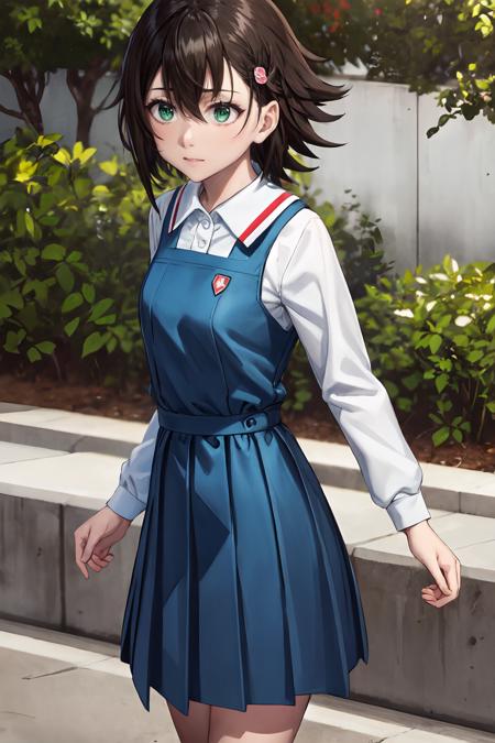 (masterpiece, best quality:1.2), highres, anime screencap, anime coloring, 1girl, solo, 
Noe_Isurugi, brown hair, short hair, hair between eyes, bangs, green eyes, hairclip, hair ornament, small breasts,  
school uniform, blue dress, pinafore dress, white shirt, long sleeves, blue socks, 
standing, outdoors, 
<lora:add_detail_CyberAlchemist:0.4>, <lora:GoodHands-beta2:1.0>, <lora:NoeIsurugi-000009:1.0>,