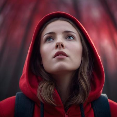 cinematic film still of  <lora:Little Red Riding Hood style:1.2>
low angle from below of a  woman in a red hoodie stares up at sky in the background Little Red Riding Hood Style, shallow depth of field, vignette, highly detailed, high budget, bokeh, cinemascope, moody, epic, gorgeous, film grain, grainy