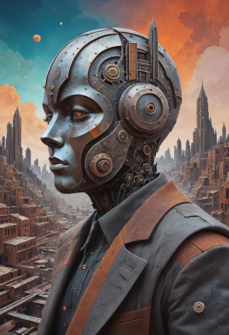 cs-cr1stal-v2, 
A cosmic traveler with a face divided into geometric planes, representing different realities, surreal cityscape, dieselpunk retro-futurism, abstract cutout shapes, collage-like textures, whimsical folk-art style,mechanical structures, soft painterly brushstrokes, warm earthy colors, dynamic movement