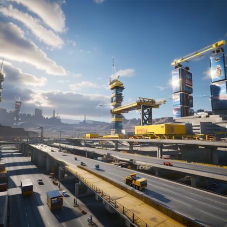 masterpiece, <lora:3DCyberpunkStyleXL:1.4> Cyberpunk cityscape, futuristic skyline, dystopian setting, multiple overpasses, high-rise buildings, electronic billboards, industrial structures, dense urban environment, glowing neon signs, no entry sign, yellow construction lift, dynamic clouds, atmospheric perspective, hazy atmosphere, cargo containers, industrial cranes, complex infrastructure, advanced technology, vehicular traffic, soft lighting, blue sky, sun glare, transportation network, light reflections, wide-angle view, expansive scene, digital art, 3D rendering, personal portfolio display, layered composition, power lines, electrical towers, desert terrain, distant mountains, flying cars, commercial advertisements, detailed textures, urban decay, steel architecture, selective focus, panoramic dimensions, modern sci-fi theme, metallic surfaces, urban sprawl, elevated roadways, shadow play, architectural diversity, intercity travel, pollution, overcast sky, energy infrastructure, concrete overpass pillars,