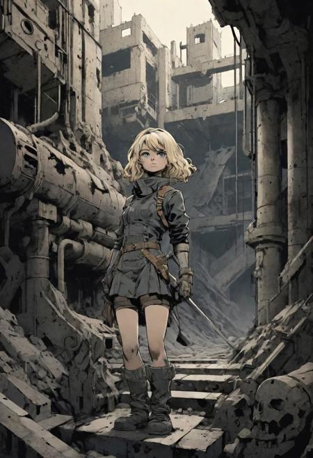 sfw, anime, 2d, thick lines, ink style, dim light, natural backlighting, in a dark smoky old bunker from 1940, brutalist, cement, concrete, steel pipes, aluminium ducts, dirty, greasy, rusty, illustration drawing of a  platinum blond gothic mecanics girl, 18 yo, (handling a wench:1.5), (fixing a mechanic motor:1.5), (black thighighs:1.5), (short white miniskirt:1.5), (black mini croptop:1.5), (iron collar:1.5), (bangles:1.5), (black leather aviator goggles:1.5), small perky breasts, round hips, big ass, fat thighs, bob haircut, middle parted, short pointy front bangs, haunted sinister expression, slightly parting lips, detailed face, intricately detailed, dramatic LUT