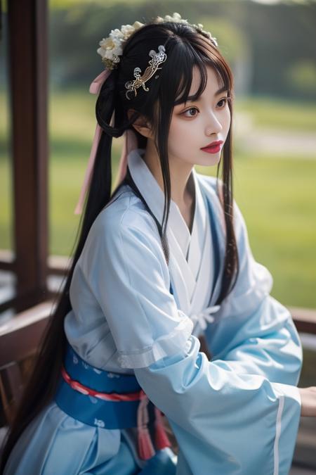 ltra-detailed,highly detailed,best quality,masterpiece,illustration,realistic,photorealistic,
baimoqing, 1girl, solo, 
hanfu, sash, long sleeves, chinese clothes, ribbon, wide sleeves, jewelry, tassel,see-through dress, 
very long hair, hair ornament, hair ribbon, hair bun, 
upper body, looking at viewer,
 <lora:baimoqing_v1_07:0.7>