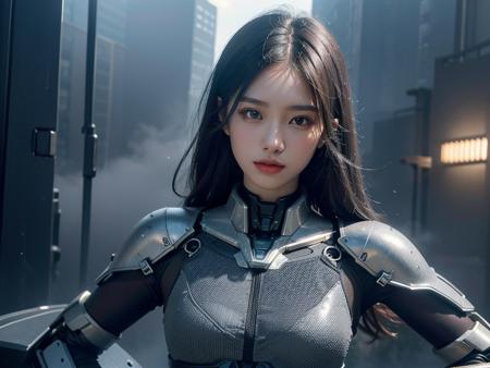 outdoor, ((upper body)), ((( wearing gray and black nano-suits)))+++, (wide hip:0.7, large breasts:0.8, perfect slender young girl body) ,Perfectly glossy skin ,25 yo mature girl, , picture of a vivid, (masterpiece:1.2),(extremely detailed),(8k:1.1),(perfect lighting,best quality,highres,original),(realistic photography:1.4) ,high detailed skin,shaded face, soft lighting, (small face),RAW, ultra highres, pores visible, , shiny_and_glossy_skin, asian beauty, (gorgeous beautiful 20 years old asian girl), ((best detailed slender body)), (asian idol, asian beauty, asian mixed),   (complex, Machine background ,spaceship outdoors background, Mecha Transport parts:1.2), (dark and foggy environment:1.1), ((heavy fog environment:1.1)), (battlefield behind:1.2), <lora:JapaneseDollLikeness_v15:0.3>