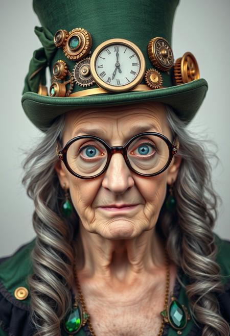 Steampunk portrait. Layout: Close-up shot. Subject: An elderly person with fair skin and long, wavy grey hair, wearing a green top hat adorned with intricate brass gears, a clock, and green fabric. The person has striking blue eyes and wears unique, ornate glasses with a leaf-like design. The attire includes green and black clothing with large, green gemstone accessories. The background is a soft, light gradient, keeping the focus on the subject's detailed and expressive facial features.