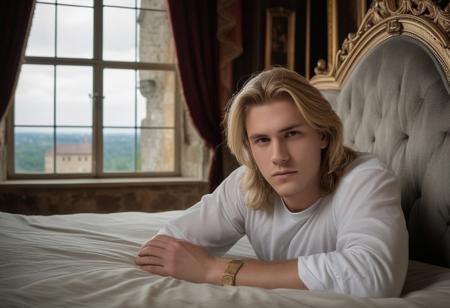 Handsome guy, 
18 years old, 
long blond hair, 
lying on a luxurious bed in the castle. Thoughtful look, 
looking out the window