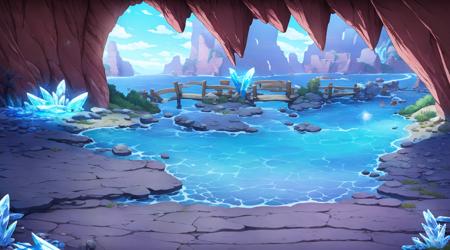 Concept art, horizontal scenes, horizontal line composition, bridge, scenery, crystal, no humans, cave, outdoors, rock, road,<lora:hengban:0.8>,