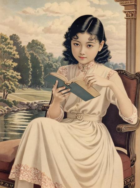 (masterpiece,best quality),vintage poster,
1girl, sit,reading book,
(beautiful detailed face), (beautiful detailed eyes), <lora:rugu_v3:1>