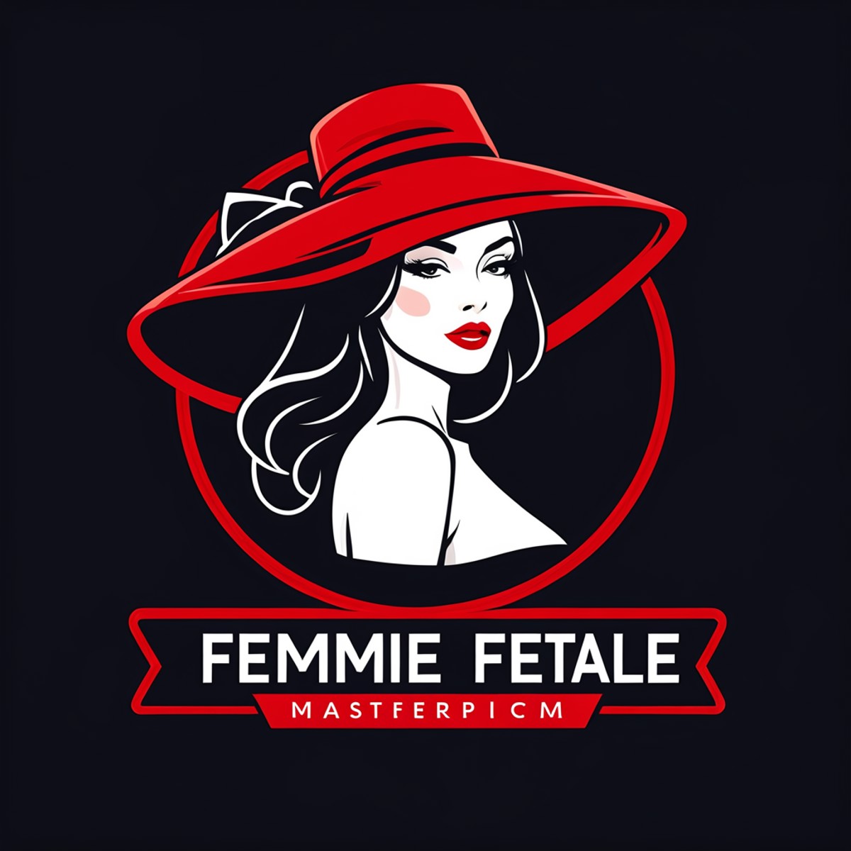 logomkrdsxl, outline logo of woman wearing big hat and sexy red dress, simplistic art, logo,  vector, text "femme fetale",...